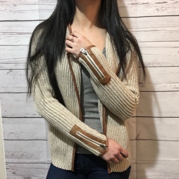 LUCKY BRAND LEATHER ZIPPER DETAIL TAN CARDIGAN - Picture 6 of 8